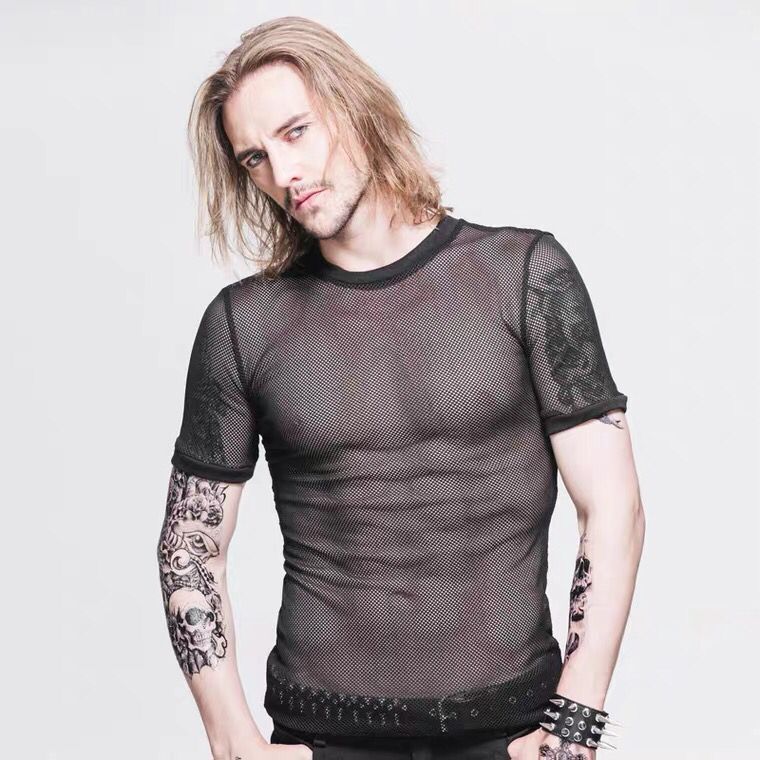 Abbigliamento da uomo, maglia a rete trasparente, maglietta cava, intimo sexy e sensuale, maglietta a maniche corte per uomo_voghion.com