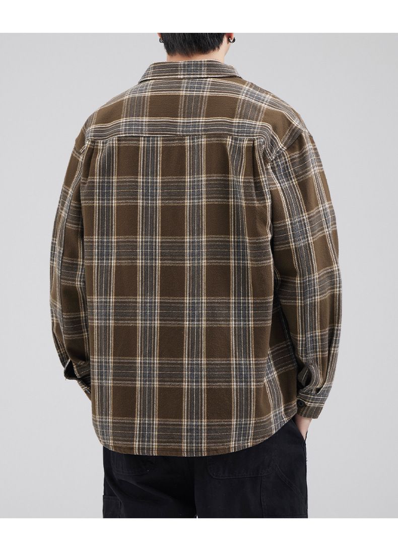 Men's fashion brand retro washed jacket trend versatile loose plaid long sleeved shirt_voghion.com