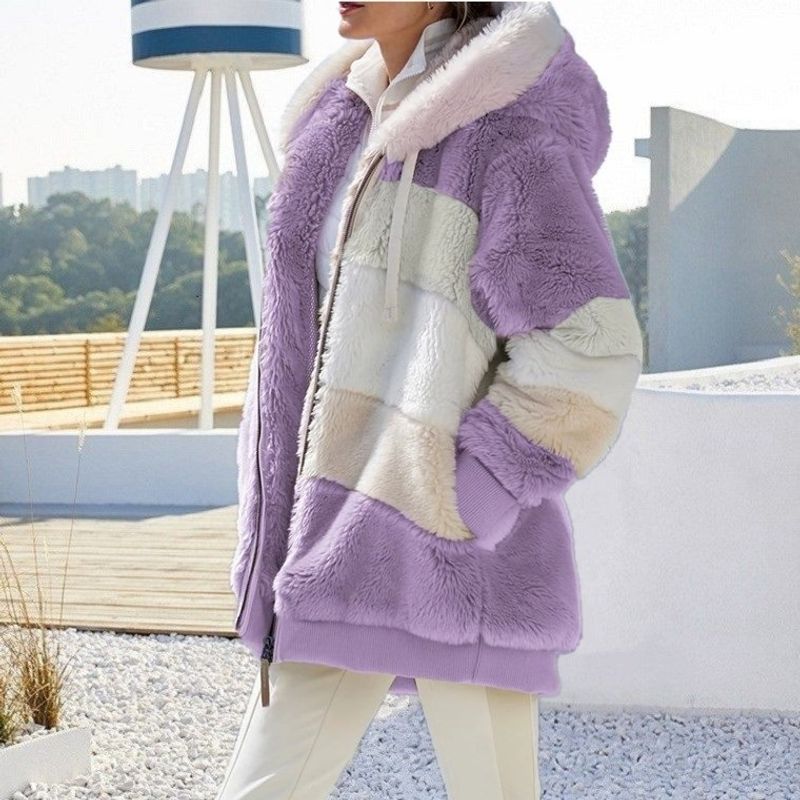 Giacca ampia da donna con cappuccio, calda tasca patchwork in peluche con cerniera_voghion.com