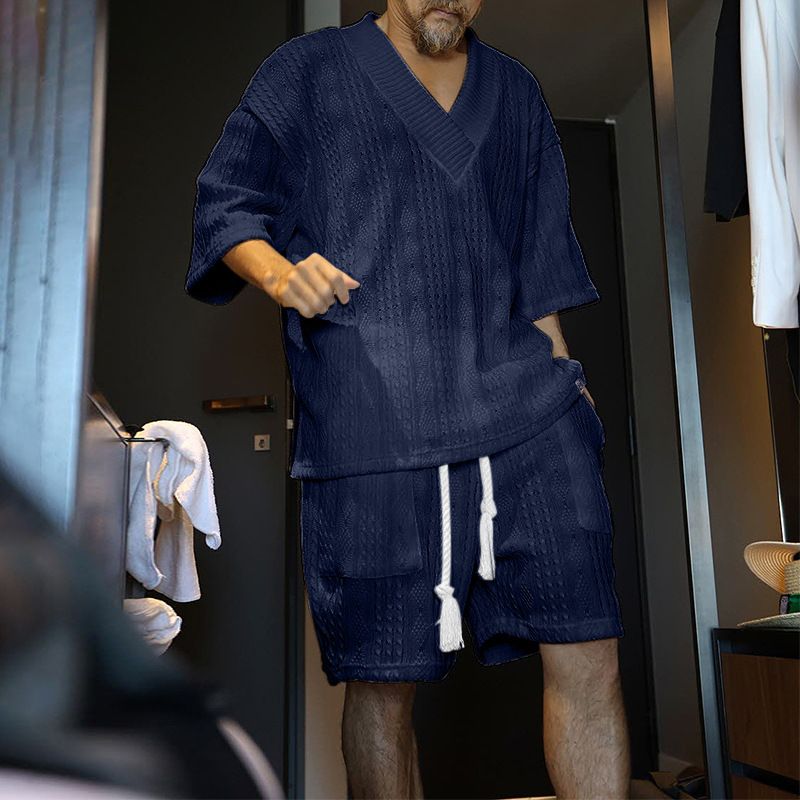 Maglione casual sciolto T-shirt a maniche corte pantaloncini in lana intrecciata per il nuovo stile da uomo dell'estate 2024_voghion.com