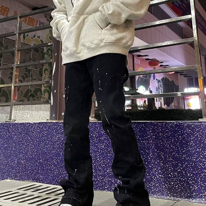 Abbigliamento maschile High Street Trendy Brand Splashed Ink Micro Flared Jeans Uomo Retro Vibe Style Loose Straight Casual Mopping Pantaloni_voghion.com