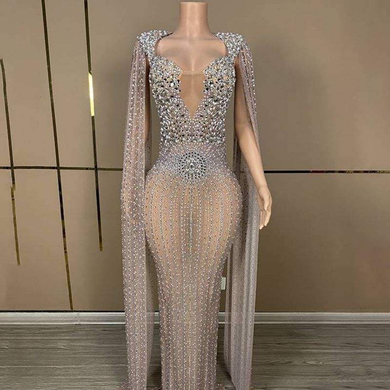 Naiste rõivad Deep V Diamond Luksuslik kokteilipeo õhtukleit Model Catwalk esinemiskostüüm_voghion.com