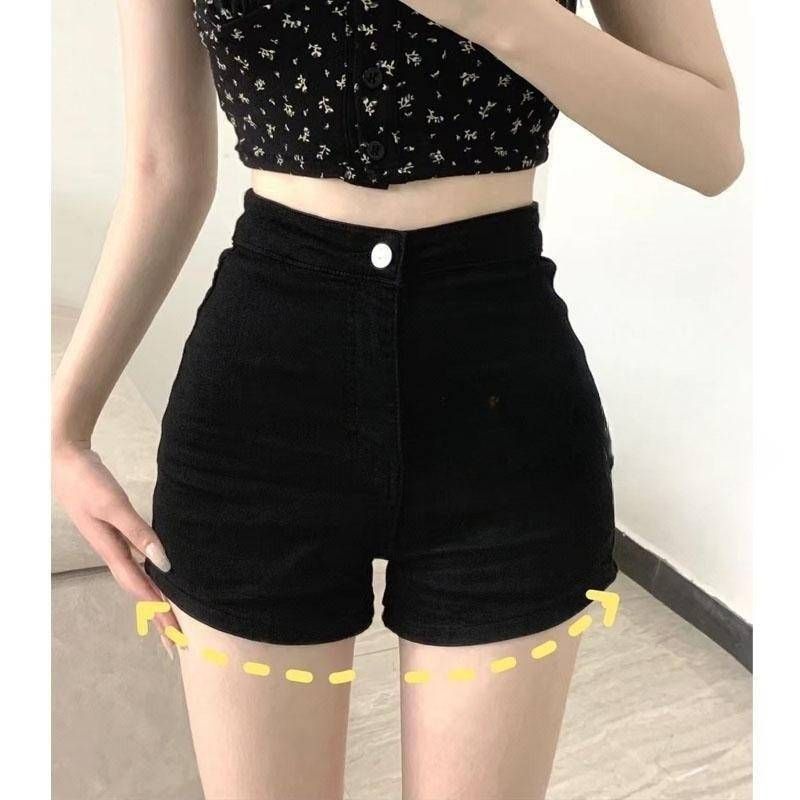 Abbigliamento da donna Primavera ed estate Pantaloncini in denim elasticizzati dritti neri da ballo Pantaloni attillati a vita alta_voghion.com