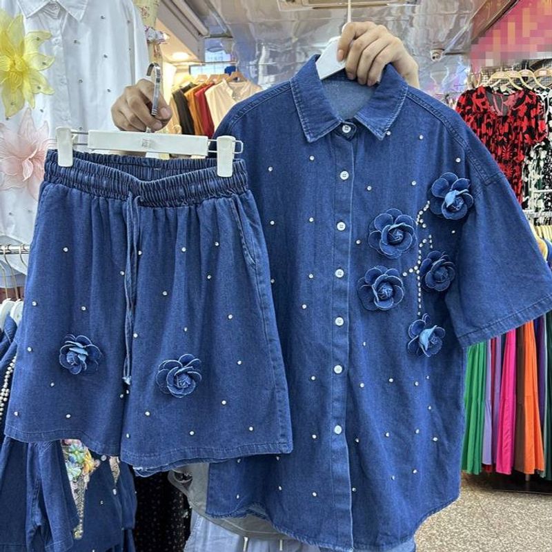 Women's Clothing Denim Suit Heavy Duty Diamond Flower Denim Shirt Top Elastic Waist Denim Shorts Two Piece Suit_voghion.com