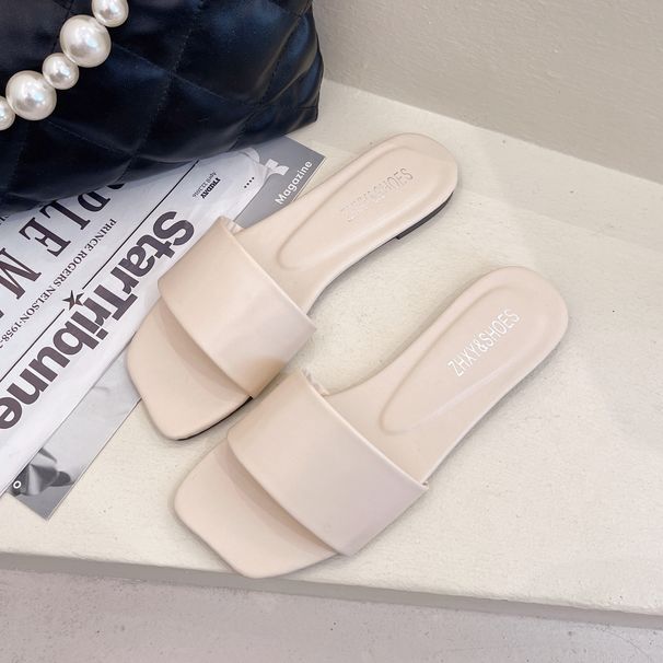 2023 Zomer Nieuwe Koreaanse Stijl Mode Buitenkleding Effen Kleur Eenlijn Strandschoenen generatie casual vierkante kop platte sandalen en slippers_voghion.com