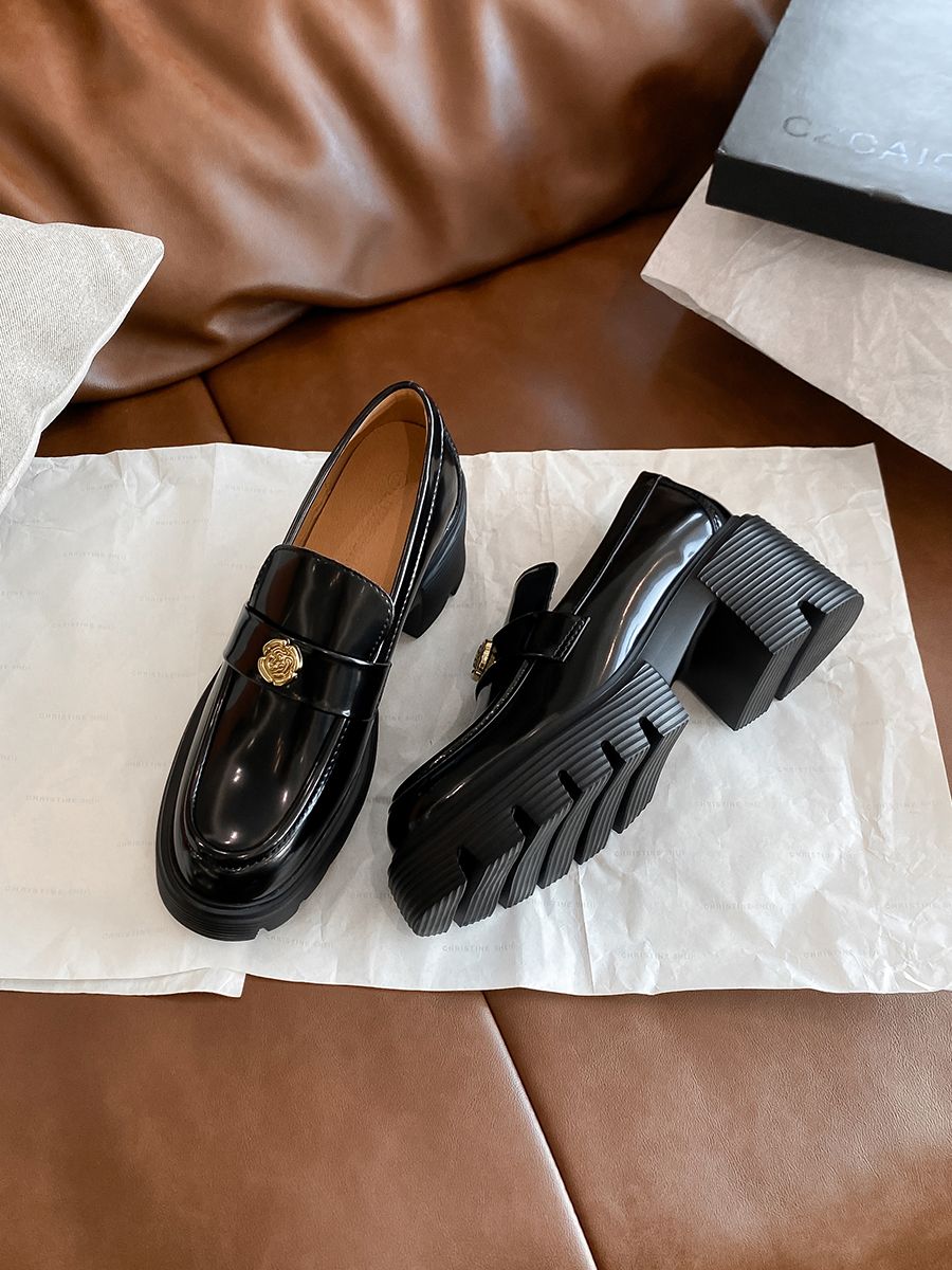 Populärt hem ~ Plattform Loafers Dam SW Brittisk stil Camellia Guldmynt Liten höjd Ökande Äkta Läder Chunky_voghion.com