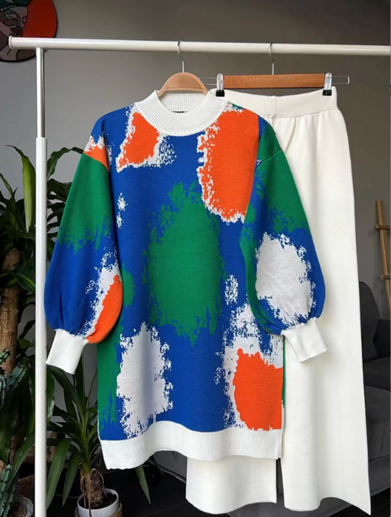 Modischer Anzug für Damen im Herbst und Winter, Laterne, Langarm, Rundhalsausschnitt, locker bedruckter Pullover, zweiteiliges Set, hohe Taille, Hose mit weitem Bein_voghion.com