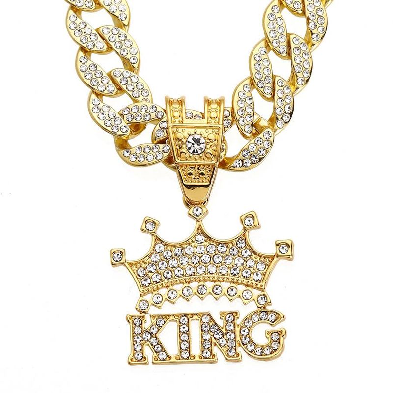 Original hip hop letter KING pendant necklace men's street Cuban chain decoration personality alloy full diamond crown pendant_voghion.com