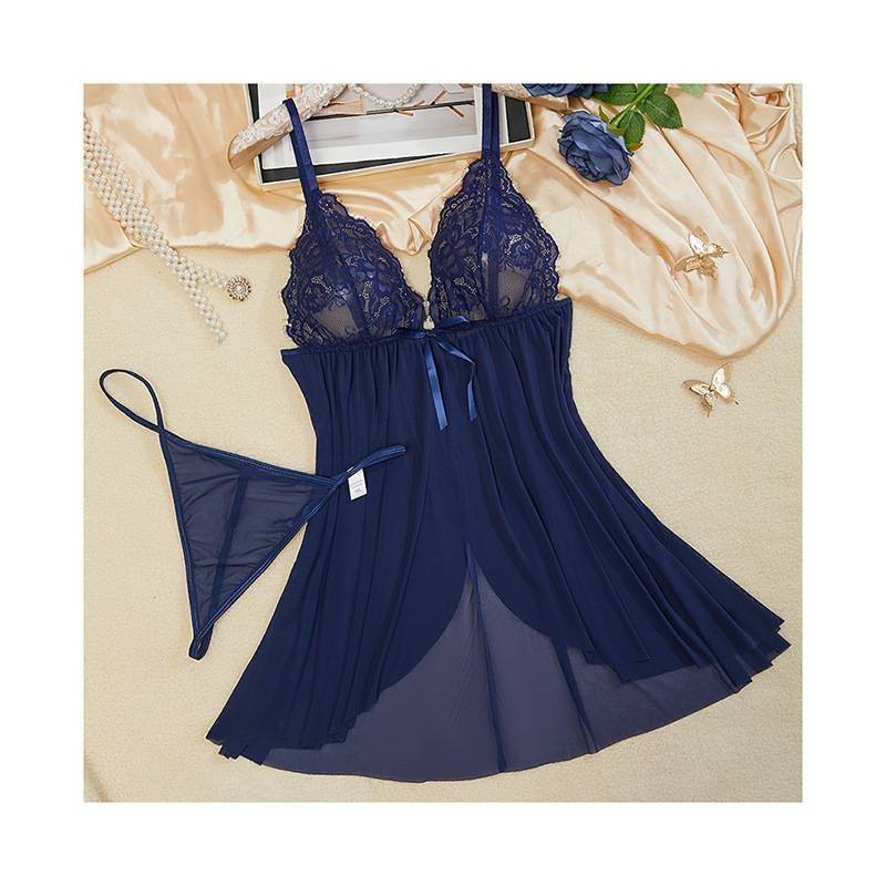 Lingerie intime grande taille pour femme, nuisette sexy en dentelle, tentation, maille creuse, dos nu, jupe à bretelles, string, ensemble deux pièces_voghion.com