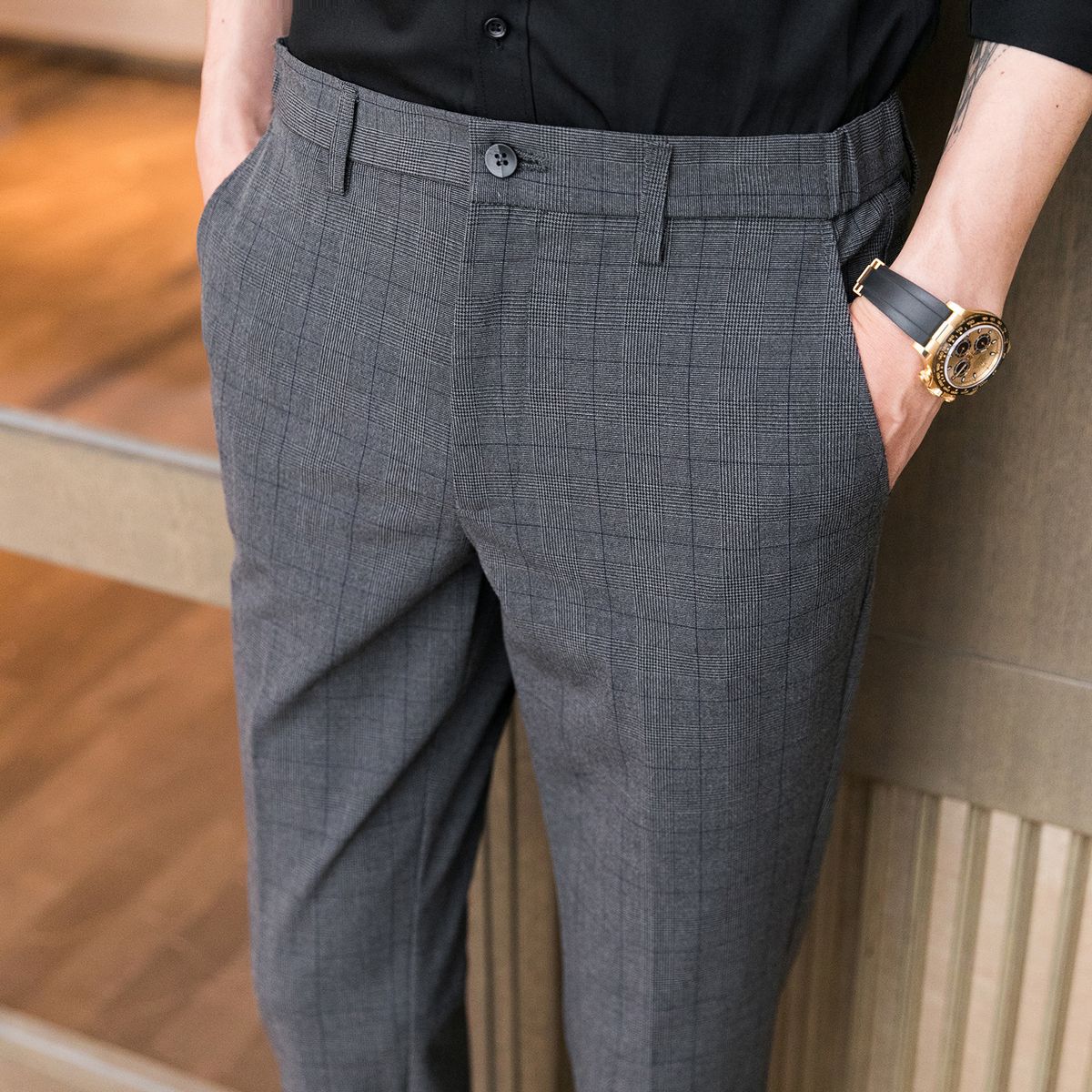 Spring new products and good things are recommended. Korean version of men's casual pants, slim-fitting plaid pants, elastic waist adjustment stretch_voghion.com