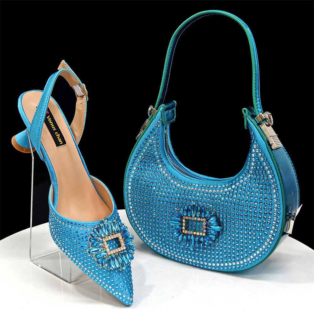 Chaussures pour femmes Ensemble de chaussures et de sacs pointus pour femmes Décoration de boucle en diamant Style de banquet à la mode et simple Vin rouge pointu_voghion.com