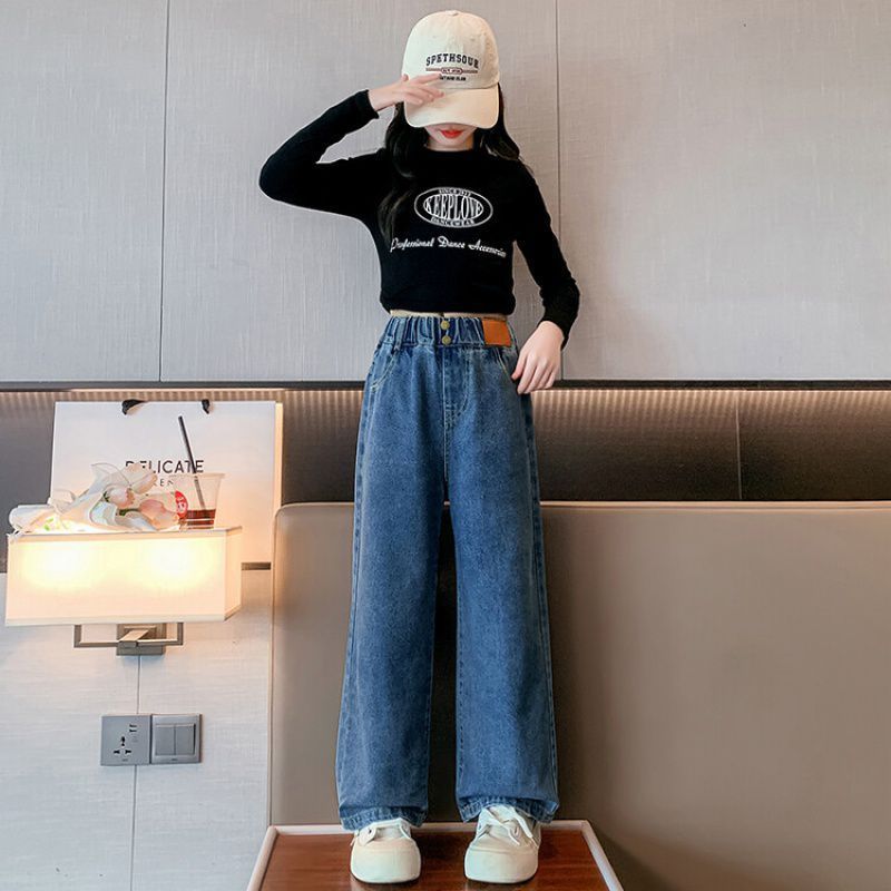 Autumn Girls' Jeans Button Yellow Label Denim Wide Legged Pants 28_voghion.com