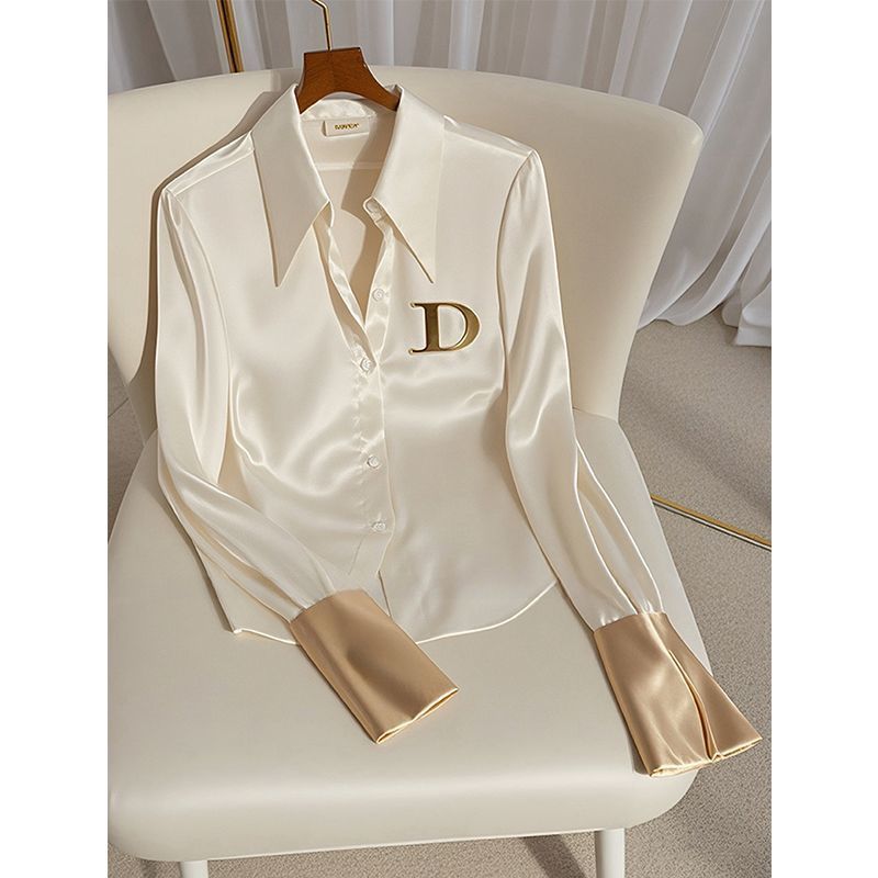 Elegant Women's Blouse With Monogram, Long Sleeves With Metallic Accents And Zipper Details Office Wear For Work And Formal Occasions_voghion.com