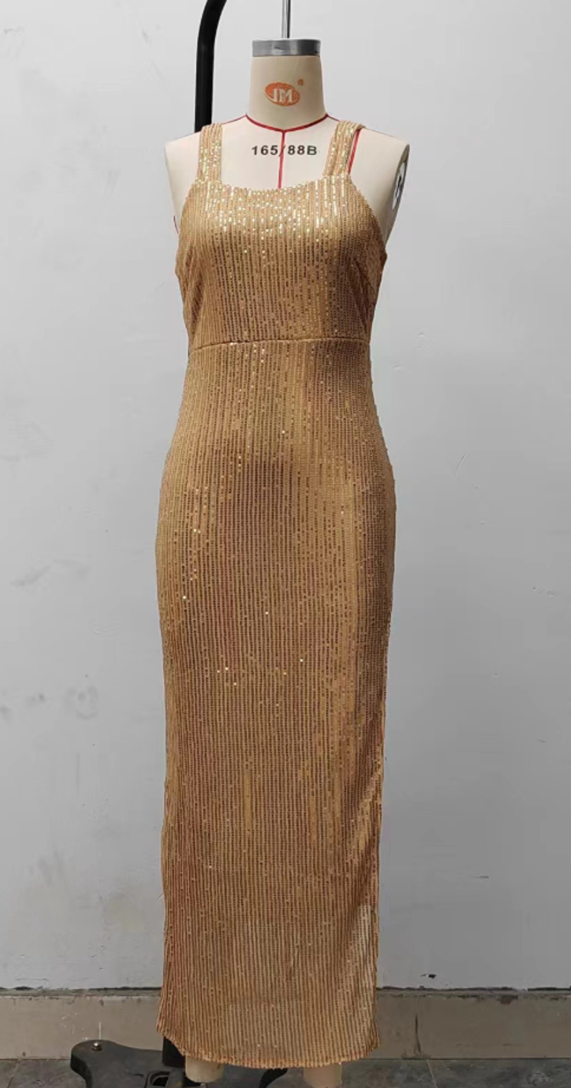 Women's gold halter split sequin dress Sexy party evening dress_voghion.com