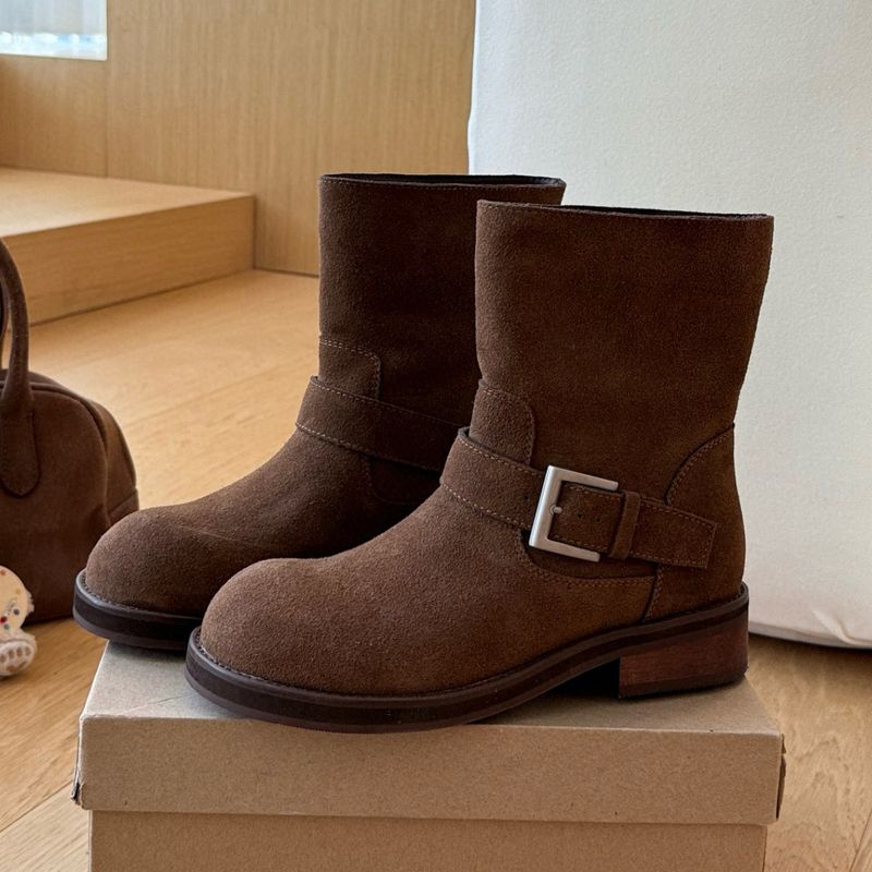 Cameido Women's Suede Cylindrical Heel Western Boots With Thick Heel Sleeve And Buckle Medium Heel Round Toe_voghion.com