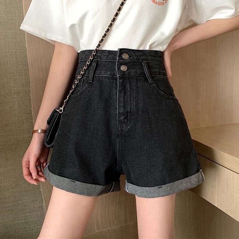 Short en jean noir et gris pour femme, taille haute, bord roulé, jambe large, coupe trapèze, version coréenne, Instagram_voghion.com