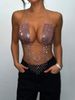 Top sexy con bretelle in rete con strass e cuciture, per feste in discoteca, Spice Girl, festival musicali, donna_voghion.com