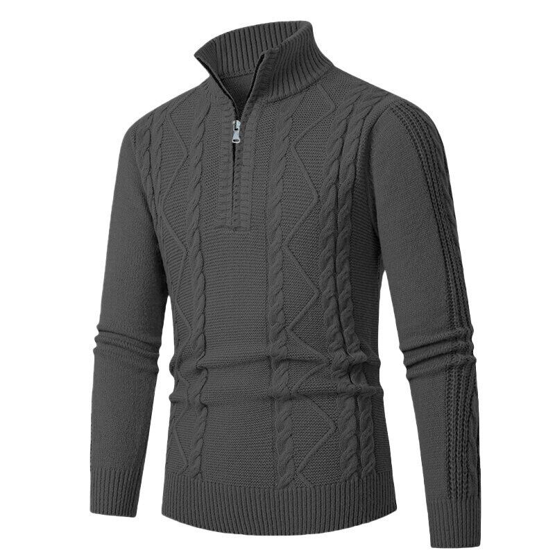 Maglione casual a maniche lunghe con mezza zip, in maglia lavorata a trecce, da uomo, per l'inverno (nero, grigio scuro, caffè, cachi)_voghion.com