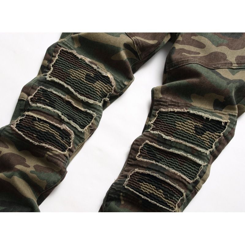 Premium Products Men's Slim Fit Square Washed Distressed Camouflage Patchwork With Diamond Patches Denim Pants_voghion.com