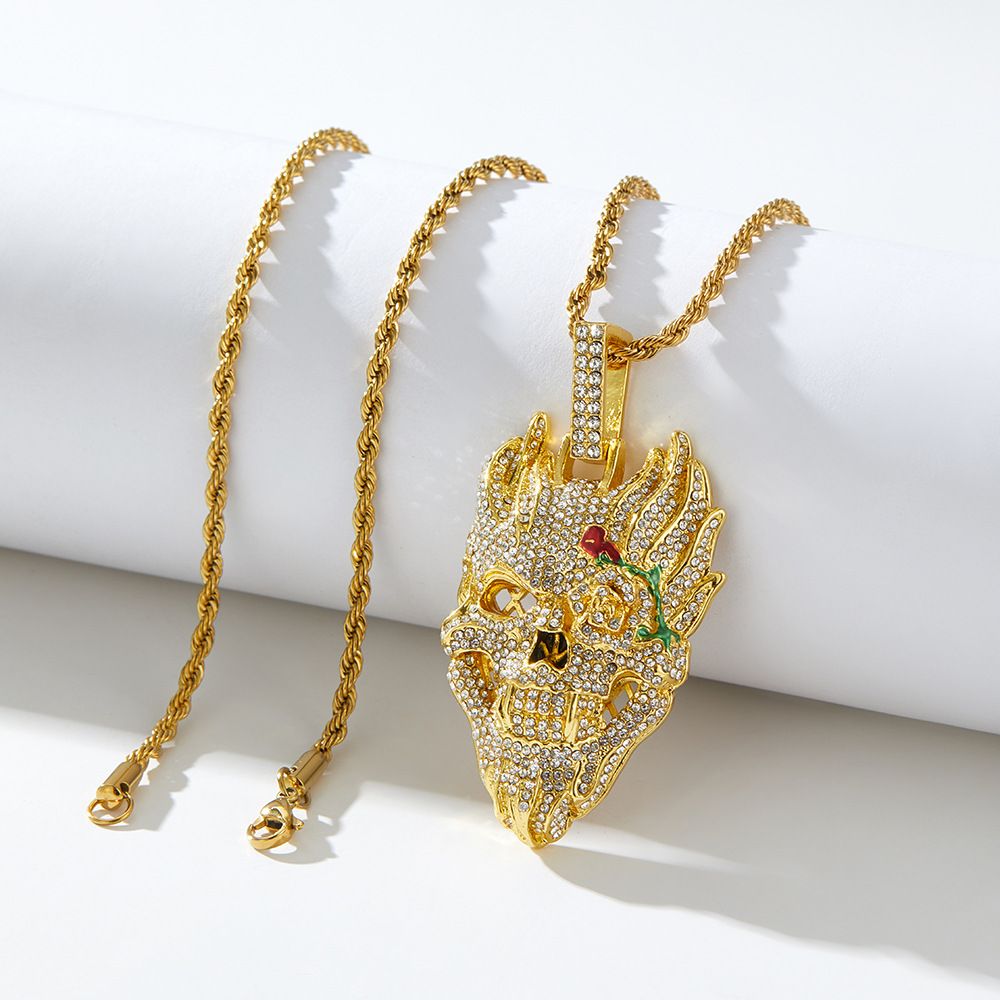 Modny męski naszyjnik hiphopowy z czaszką, skręconym łańcuszkiem, długi modny łańcuszek jednorzędowy, punkowy łańcuszek do swetra_voghion.com