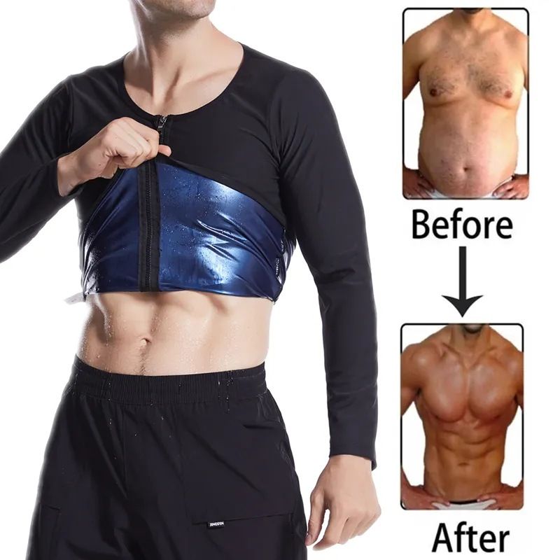  men's zipper long-sleeved sweat suit sports sweat tight abdominal fitness sauna corset_voghion.com