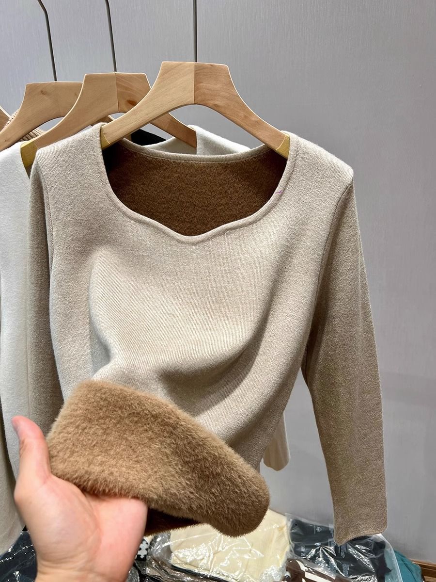Women's Fleece-Lined Knit Sweater Thermal V-Neck Base Layer Winter Warm Turtleneck Pullover Soft Comfy Casual Slim Fit Long Sleeve Top_voghion.com
