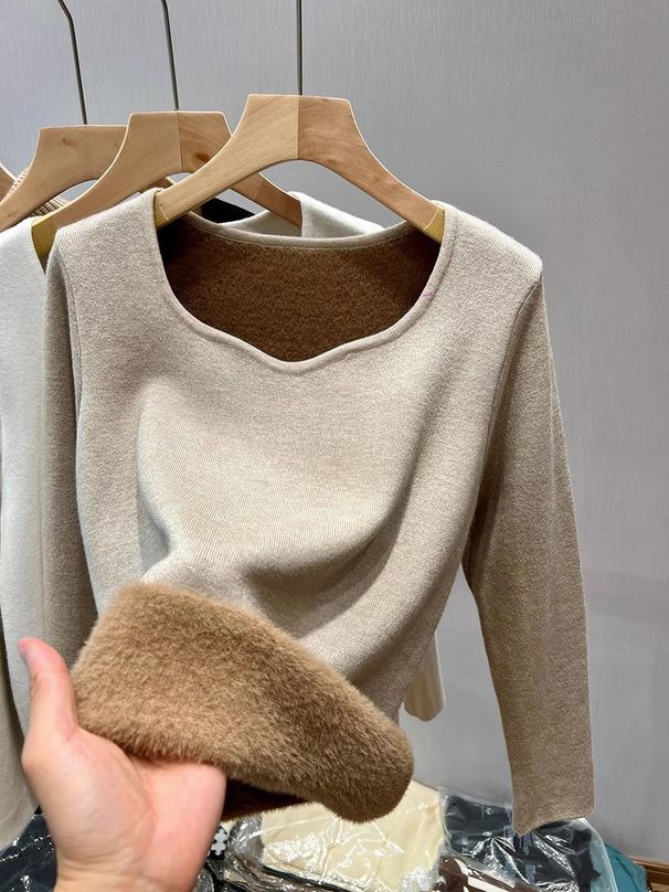 Women's Fleece-Lined Knit Sweater Thermal V-Neck Base Layer Winter Warm Turtleneck Pullover Soft Comfy Casual Slim Fit Long Sleeve Top_voghion.com