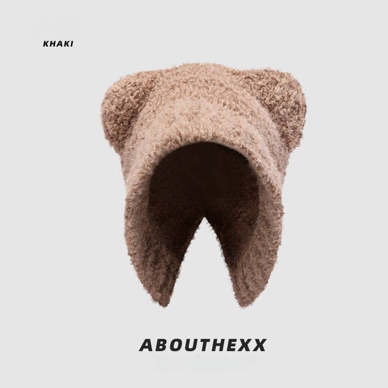 Bären-Strickmütze, süßer Wollplüsch für Damen, vielseitig und warm für Herbst und Winter. Plüsch mit großem Kopf_voghion.com