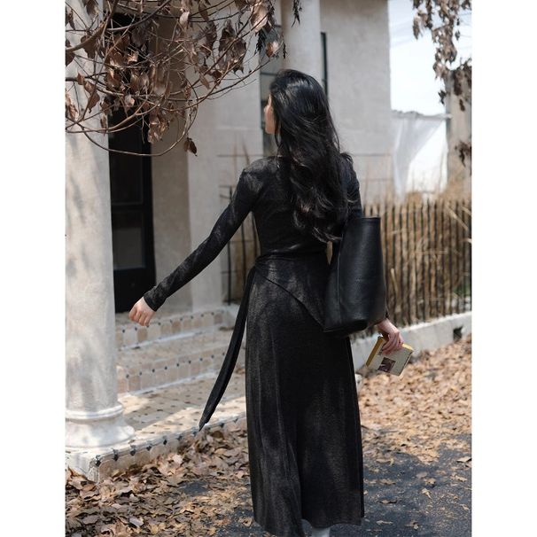 Trendiges Strick-Midikleid für zierliche Frauen – Elegante Tunika mit langen Ärmeln, V-Ausschnitt, hoher Taille und schickem Panel-Design (einfarbig, Größen S-XL)_voghion.com