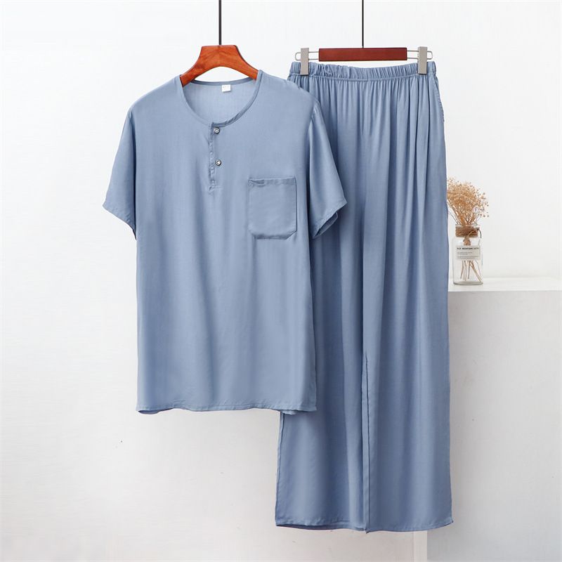 Men's Clothing Cotton Silk Pajamas Thin Short Sleeved Suit Artificial Home Clothes Trousers Two Piece Suit_voghion.com