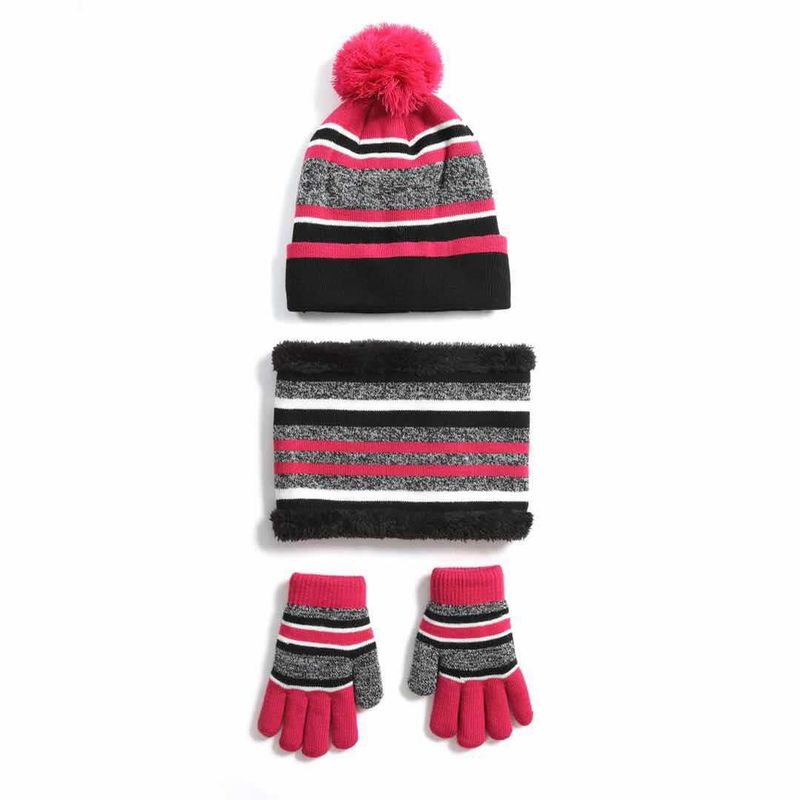 Winter children's woolen knitted hat scarf hat gloves three-piece set plus velvet thick bib gloves set hat set_voghion.com