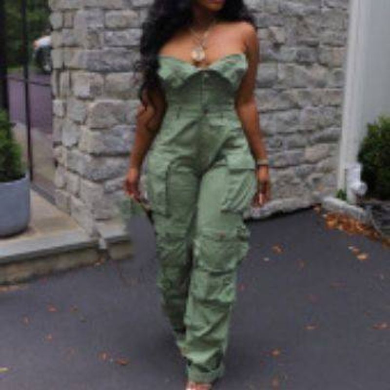 Vêtements pour femmes nouvelle mode sexy tube haut simple boutonnage multi-poches combinaison de travail_voghion.com