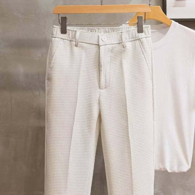 Herenkleding 25 Zomer Wafel Witte Broek Lichte Volwassen Stijl Heren Casual Broeken_voghion.com