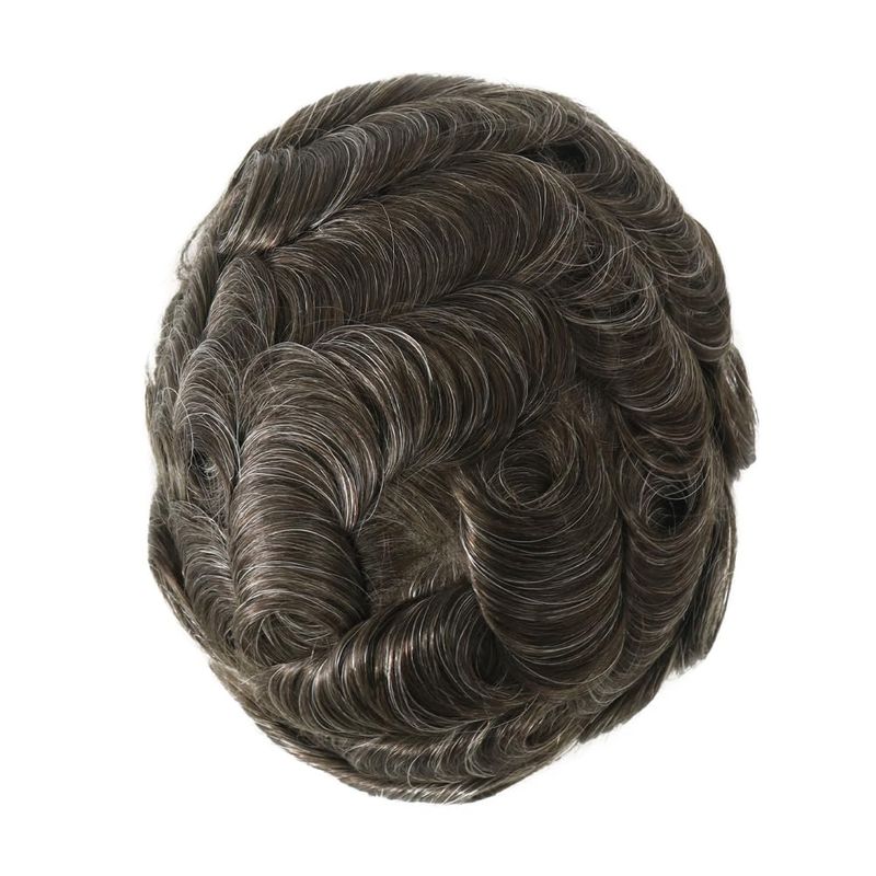 Swiss Lace Toupee For Men 100% Human Hair Piece 90% Density Hair Replacement System Natural Hairline Real Men Wigs Brown With 20% Grey Color #520_voghion.com