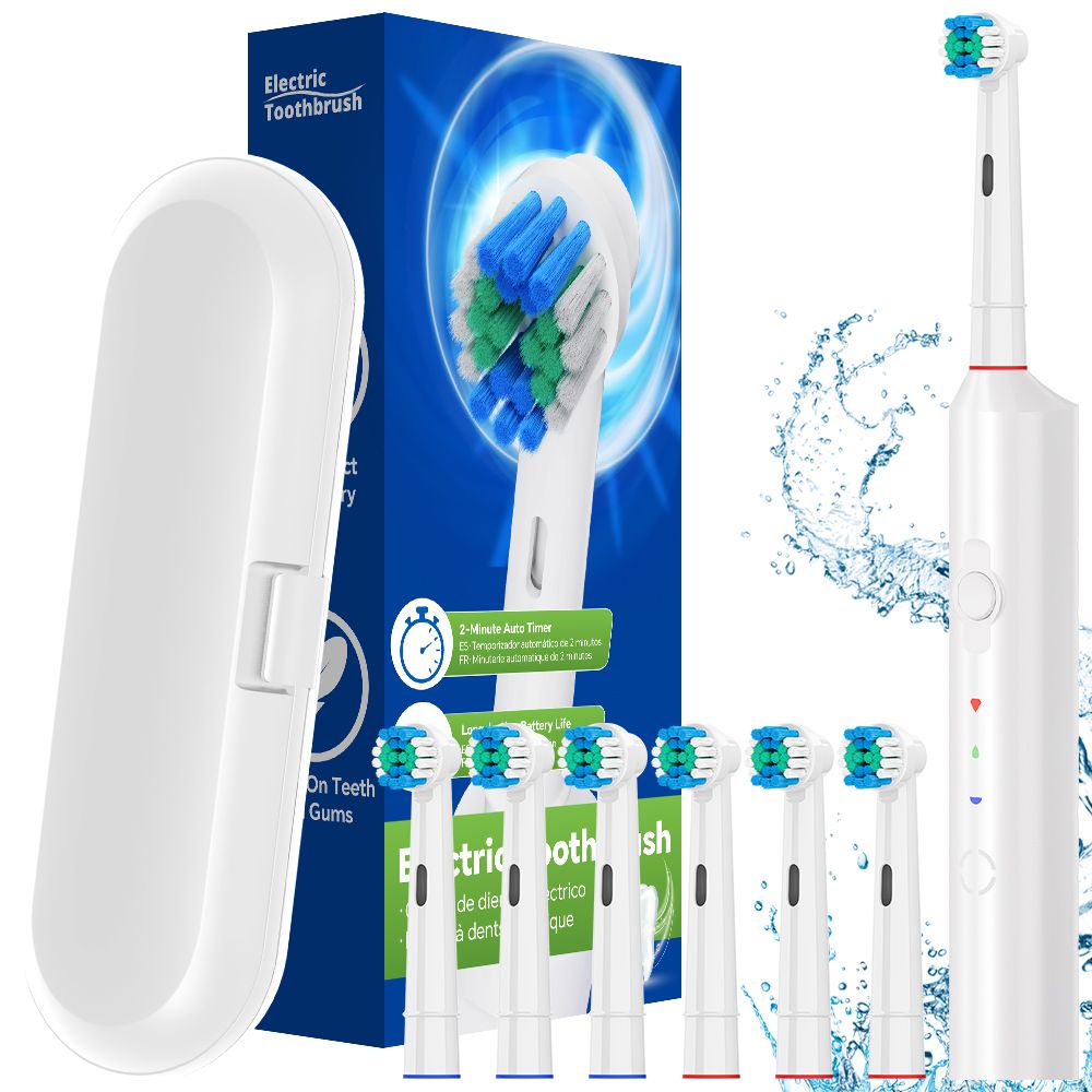 Rechargeable Powered Electric Toothbrush With 6 Brush Heads - 3 Modes, 4 Adjustable Intensity Levels & 2 Min Timer, Compatible With Oral B Brush Head_voghion.com