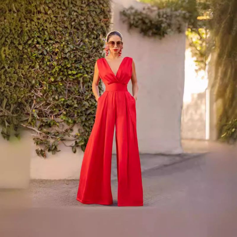Dames lente en zomer Chinese lange rok nieuwe Chinese jumpsuit V-hals midden taille temperament woon-jumpsuit_voghion.com