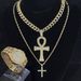 Men's Horus Eye Ankh Cross Necklace & Hip Hop Cuban Link Chain With Double Layer Full Diamonds & Matching Quartz Watch Set - Gold/Silver_voghion.com