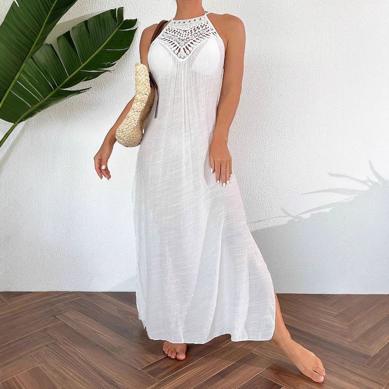 Women's Clothing Solid Color Long Slit Dress Casual Halter Neck Beach Vacation Coverup Beautiful Photo Beach Dress_voghion.com