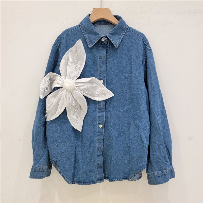 Chemise en jean à coutures florales tridimensionnelles et perles lourdes pour femmes, nouveau style printemps et automne, petite veste style Hong Kong_voghion.com