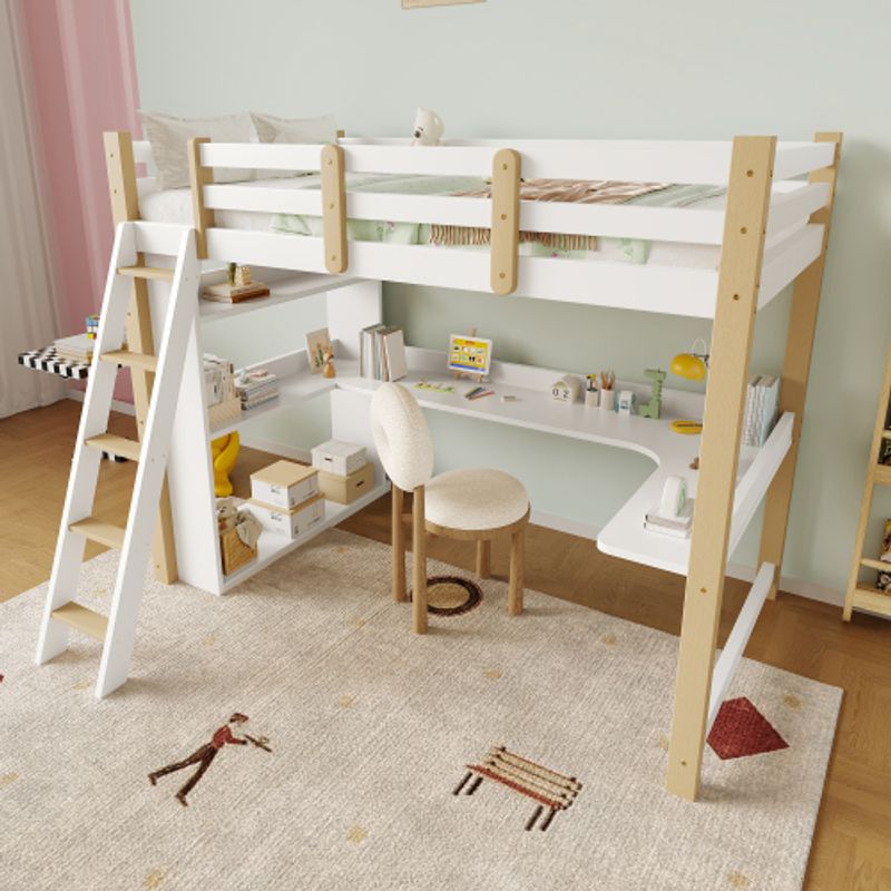 Kinderhochbett 90x200 Cm Mit Schutzleisten Und Lattenrost, Kinderbett Mit Schrägleiter, Integriertem Schreibtisch Und Regalen, Etagenbett Aus Massivholz, Weißes Multifunktionales Familienbett_voghion.com