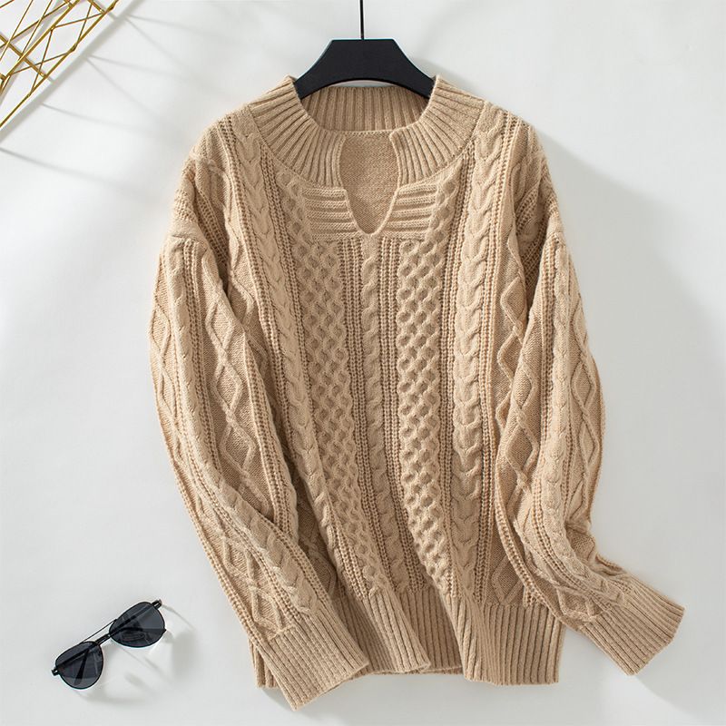 Drizzle solid color twisted flower pullover cardigan women's autumn and winter new loose long sleeved knitted sweater_voghion.com