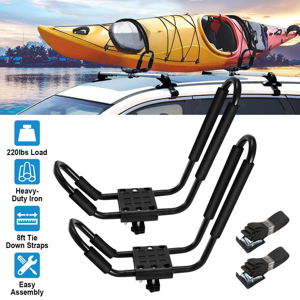 1 Pair Universal J-Bar Kayak Carrier 220LBS Load Heavy Duty Canoe Car Top Mount Carrier Roof Rack With 2Pcs Tie Down Straps_voghion.com