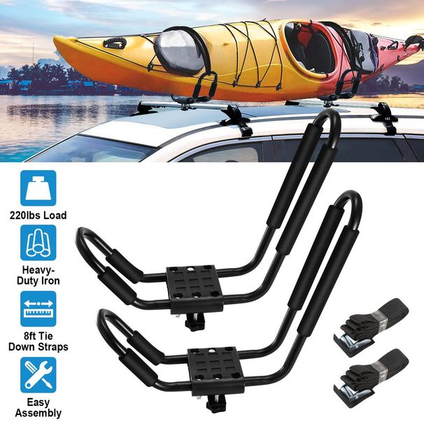1 Pair Universal J-Bar Kayak Carrier 220LBS Load Heavy Duty Canoe Car Top Mount Carrier Roof Rack With 2Pcs Tie Down Straps_voghion.com