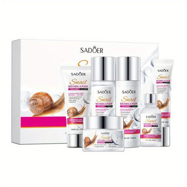 Coffret cadeau de six produits hydratants et de soins de la peau au collagène recombinant d'escargot, hydratant et nourrissant pour la peau, rendant la peau ferme et élastique_voghion.com