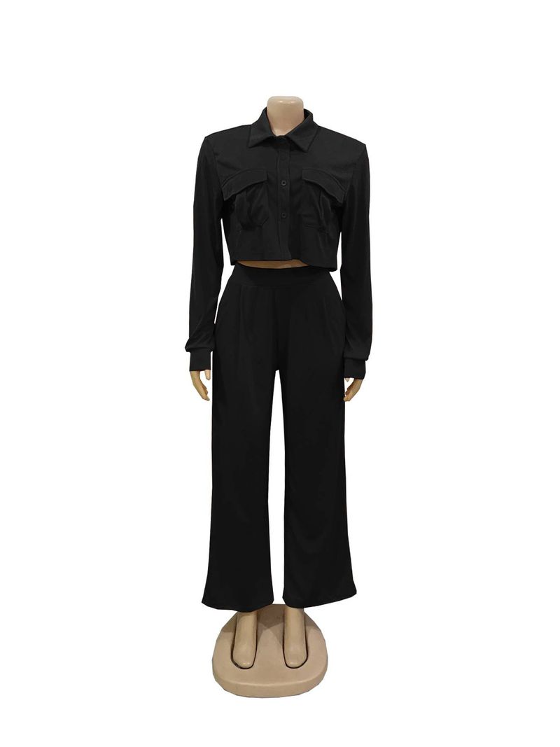 Mode Revers Langarm Hohe Taille Weite Beinhose Pendler Eleganter Anzug_voghion.com