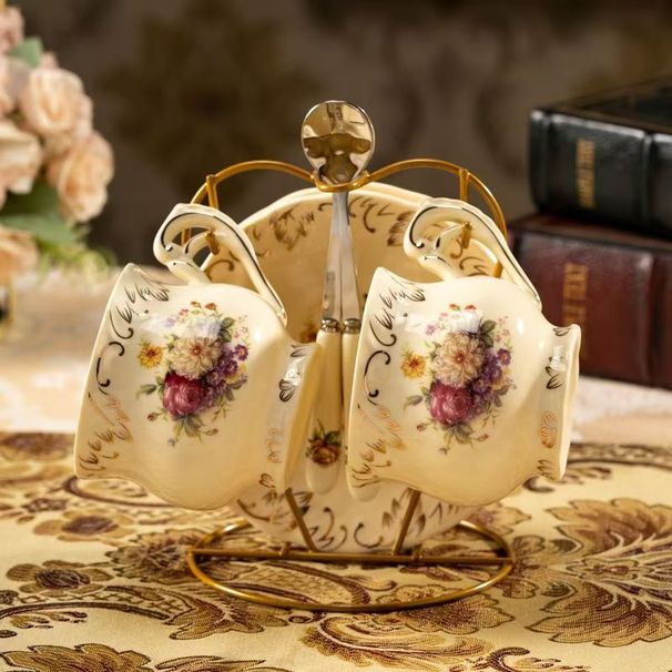 Tea Cups And Saucers Set Of 2, Vintage Floral Porcelain Tea Cups With Golden Holder- 8 Oz_voghion.com