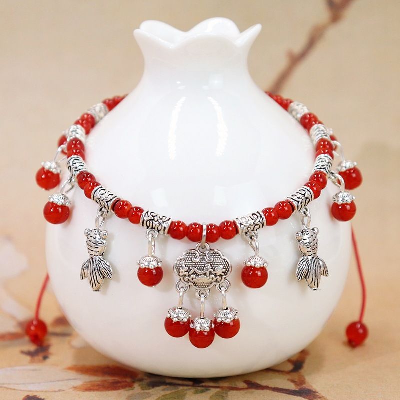 New Women's Summer String Natural Red Agate Peace Lock Tassel Bell Zodiac Year Anklet Accessories_voghion.com