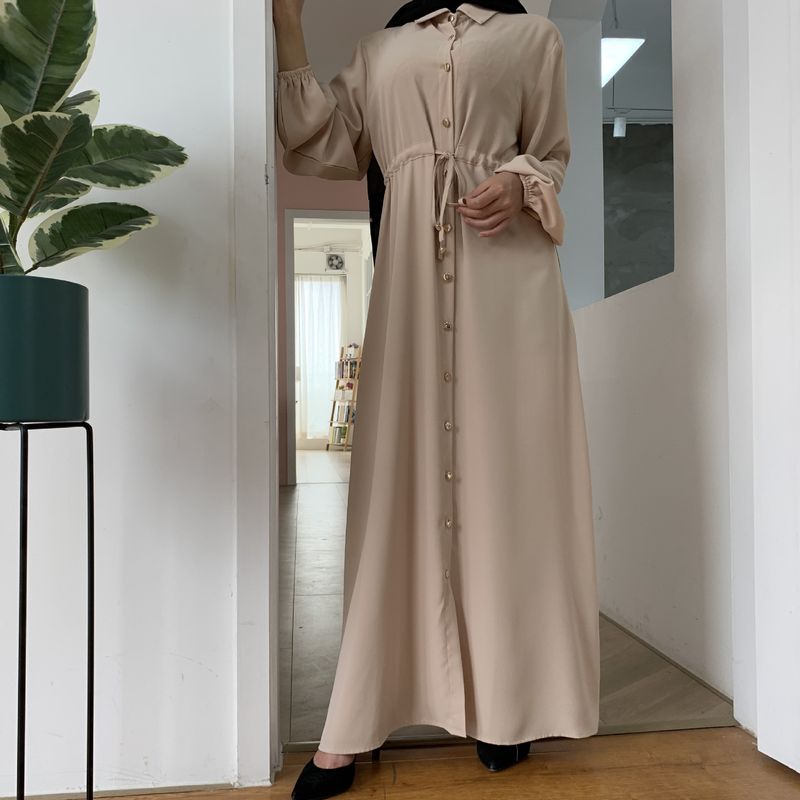 Falda larga del vestido delgado del botón completo del color puro de la solapa casual de la moda de las mujeres_voghion.com