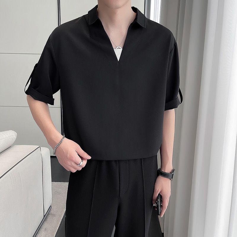 Abbigliamento da uomo, maglietta da uomo in seta ghiacciata con scollo a V, camicia estiva casual retrò in lino a maniche corte, camicia con colletto in stile cinese (bianco, nero, cachi, M-3XL)_voghion.com