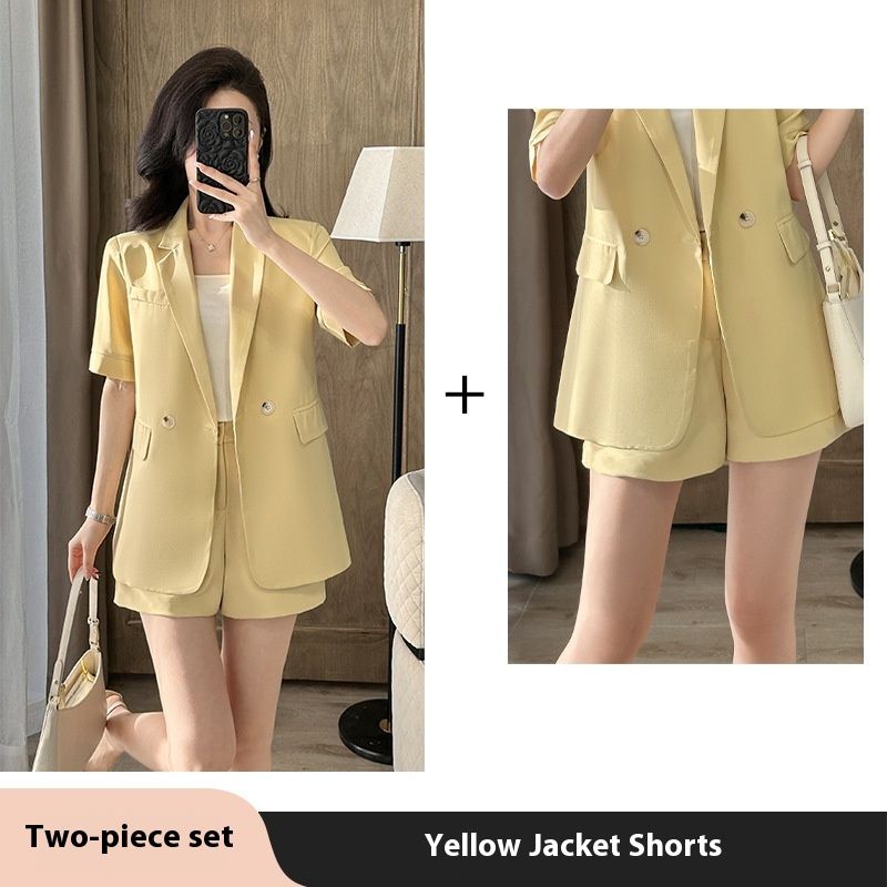Yellow Short Sleeved Jacket For Women In Summer, Thin 2025 New Style, Small And High-end Casual Suit Two-piece Set_voghion.com